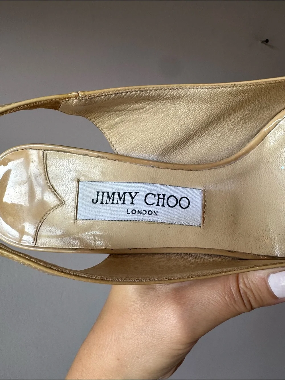Jimmy Choo Women’s Nude‎ Patent Leather Peep Toe Slingback Heels Pumps Size 37.5
